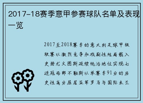 2017-18赛季意甲参赛球队名单及表现一览